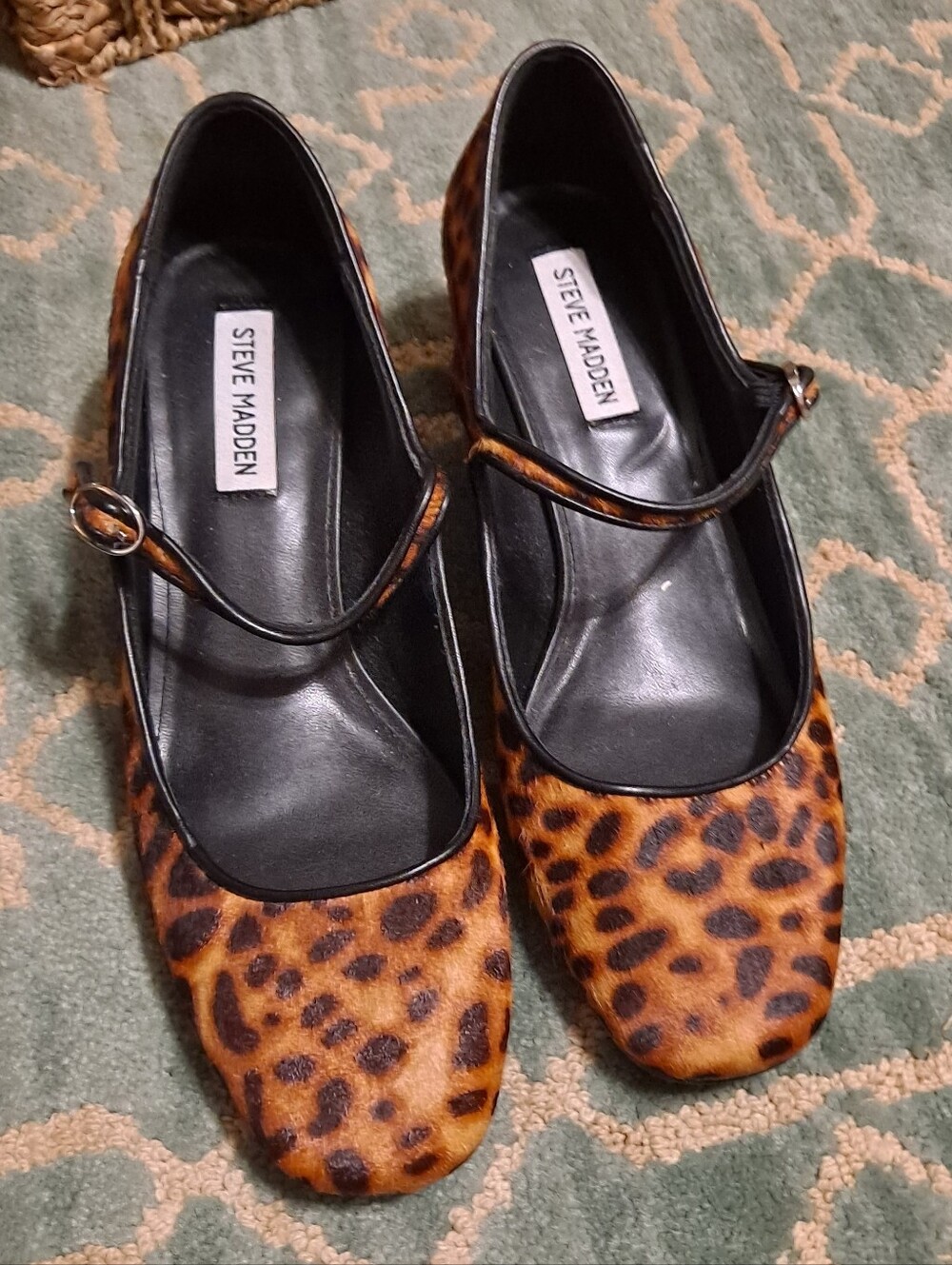 Steve Madden Leopard-Pattern Mary Jane Flats in Brown and Black